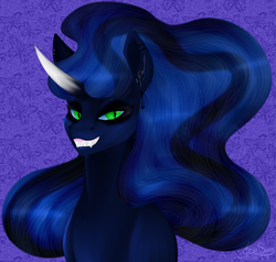 Size: 1154x1098 | Tagged: safe, artist:princessara0, oc, oc only, oc:umbrum star, demon, pony, curved horn, evil grin, fangs, female, flowing mane, grin, horn, looking at you, mare, offspring, parent:king sombra, parent:princess luna, parents:lumbra, smiling, smiling at you, solo