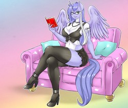 Size: 1280x1086 | Tagged: safe, alternate version, artist:skyraptor, oc, oc only, oc:mariah wolves, alicorn, anthro, plantigrade anthro, abstract background, alicorn oc, anthro oc, belly button, big breasts, book, breasts, cleavage, clothes, crossed legs, female, glasses, gradient background, high heels, looking at you, shoes, sitting, solo, stockings, thigh highs