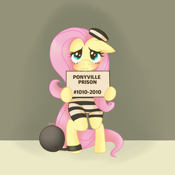 Size: 1500x1500 | Tagged: safe, artist:melissa-b-chan, fluttershy, pony, g4, ball and chain, clothes, female, hat, mugshot, prison outfit, prison stripes, prisoner, sad, solo