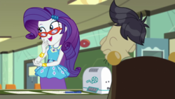 Size: 1280x720 | Tagged: safe, screencap, cranky doodle donkey, rarity, equestria girls, equestria girls series, g4, happily ever after party, bracelet, desk, geode of shielding, glasses, glasses rarity, happily ever after party: rarity, jewelry, paper, pencil, projector, rarity's glasses, smiling