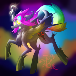 Size: 5800x5800 | Tagged: safe, artist:florarena-kitasatina/dragonborne fox, alicorn, pony, absurd resolution, bushy tail, colored wings, crooked horn, crossover, disney, emblem heartless, glowing eyes, glowing eyes of doom, gradient background, hat, heartless, horn, kingdom hearts, ponified, redraw, signature, simple background, trippy, wat, watermark