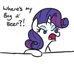 Size: 441x380 | Tagged: safe, artist:jargon scott, rarity, pony, unicorn, g4, angry, female, mare, open mouth, raised hoof, solo, table, text