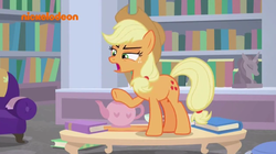 Size: 954x534 | Tagged: safe, screencap, applejack, ocellus, earth pony, pony, g4, what lies beneath, book, bookshelf, couch, disguise, disguised changeling, female, imitation, library, mare, raised hoof, solo, statue, table, teapot