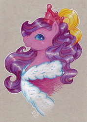 Size: 600x843 | Tagged: safe, artist:silvermoonbreeze, sundance (g2), sunsparkle, earth pony, pony, g2, bust, clothes, crown, ermine (fur), female, jewelry, looking at you, mare, portrait, profile, regalia, robe, solo, traditional art
