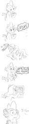 Size: 1280x5430 | Tagged: safe, artist:drutheredpanda, spike, sweetie belle, dragon, pony, unicorn, g4, 911, black and white, comic, confused, crayon, dialogue, duo, exclamation point, female, filly, funny, grayscale, implied drugs, interrobang, lineart, meme, microwave, monochrome, question mark, simple background, speech bubble, vine video, white background