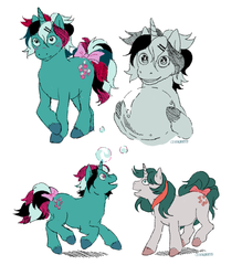 Size: 1209x1377 | Tagged: safe, artist:centaurieth, fizzy, gusty, pony, twinkle eyed pony, g1, bow, bubble, duo, female, hairclip, happy, looking at something, tail bow