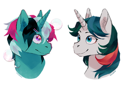 Size: 1021x700 | Tagged: safe, artist:centaurieth, fizzy, gusty, pony, twinkle eyed pony, unicorn, g1, bubble, bust, duo, female, hairclip, looking at something, portrait, profile