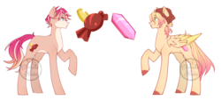 Size: 2056x935 | Tagged: safe, artist:chemicalhades, oc, oc only, earth pony, pegasus, pony, beanie, colored hooves, duo, freckles, hat, male, offspring, parent:big macintosh, parent:fluttershy, parents:fluttermac, raised hoof, simple background, transparent background, watermark