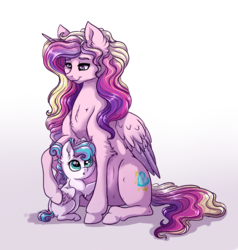 Size: 2161x2269 | Tagged: safe, artist:marbola, princess cadance, princess flurry heart, alicorn, pony, g4, chest fluff, cute, cutedance, duo, duo female, ear fluff, female, filly, filly flurry heart, fluffy, flurrybetes, high res, mama cadence, mare, mother and daughter, pregdance, pregnant