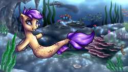 Size: 2500x1400 | Tagged: safe, artist:shido-tara, scootaloo, seapony (g4), g4, surf and/or turf, commission, female, seaponified, seapony scootaloo, smiling, solo, species swap, underwater