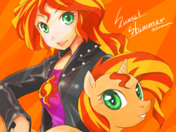 Size: 2048x1536 | Tagged: safe, artist:bonoramo, sunset shimmer, human, pony, unicorn, equestria girls, g4, anime, clothes, cute, female, human ponidox, jacket, leather jacket, looking at you, mare, self ponidox, shirt, solo