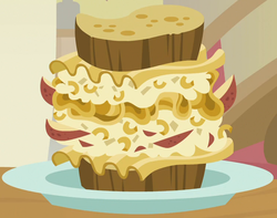 Size: 749x589 | Tagged: safe, screencap, g4, parental glideance, cropped, food, no pony, pasta and potato sandwich on sourdough, sandwich