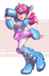 Size: 1741x2682 | Tagged: safe, artist:thegreatrouge, pinkie pie, robot, equestria girls, g4, axl, clothes, crossover, female, high res, mega man, mega man (series), megaman x, party cannon, reploid, roboticization, skirt, solo