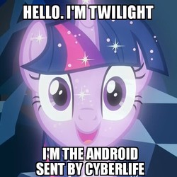 Size: 539x539 | Tagged: safe, edit, edited screencap, screencap, tree of harmony, pony, g4, what lies beneath, bust, cave, connor, cropped, cyberlife, detroit: become human, female, mare, meme, smiling, solo, sparkles, treelight sparkle