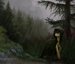 Size: 2910x2497 | Tagged: safe, artist:koviry, oc, oc only, oc:copper crystal, ambiguous species, pony, ambiguous gender, cloak, clothes, fog, forest, high res, painting, rain, raincoat, scenery, solo, tree