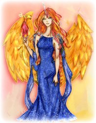 Size: 900x1148 | Tagged: safe, artist:mellorine91, philomena, sunset shimmer, human, phoenix, g4, alicornified, clothes, dress, horn, horned humanization, humanized, race swap, shimmercorn, winged humanization, wings