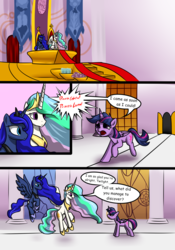 Size: 1400x2000 | Tagged: safe, artist:shido-tara, princess celestia, princess luna, twilight sparkle, alicorn, pony, comic:curse and madness, g4, canterlot castle, clothes, comic, mlpcam, peytral, shoes, stained glass, tapestry, text bubbles, throne, throne room, twilight sparkle (alicorn)