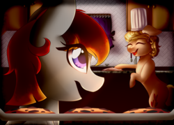 Size: 1912x1368 | Tagged: safe, artist:symphstudio, oc, oc:arian blaze, oc:vital sparkle, baking, chef's hat, cookie, couple, female, food, hat, kitchen, laughing, smiling