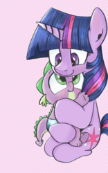 Size: 660x1056 | Tagged: safe, artist:mamatwilightsparkle, spike, twilight sparkle, dragon, pony, unicorn, tumblr:mama twilight sparkle, g4, baby, baby dragon, baby spike, blushing, cute, cute little fangs, cutie mark, diaper, fangs, female, filly, filly twilight sparkle, holding, hug, looking at each other, male, mama twilight, scales, simple background, smiling, spikabetes, sweet, sweet dreams fuel, tumblr, twiabetes, unicorn twilight, younger