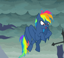 Size: 497x450 | Tagged: safe, screencap, rainbow dash, pegasus, pony, g4, season 7, secrets and pies, adorapiehater, animated, cropped, cute, dashabetes, evil pie hater dash, eye beams, female, mare, overcast, silly, silly pony, solo