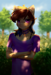 Size: 2000x2949 | Tagged: safe, artist:klooda, oc, oc only, oc:agap, anthro, angry, anthro oc, blurry background, blushing, bush, day, femboy, forest, frown, halfbody, high res, male, soft shading, solo, tsundere