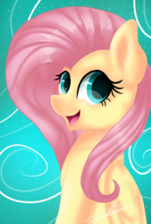 Size: 1181x1748 | Tagged: safe, artist:sweetkllrvane, fluttershy, pegasus, pony, g4, abstract background, bust, cute, female, folded wings, looking at you, looking sideways, mare, open mouth, portrait, shyabetes, smiling, solo, three quarter view