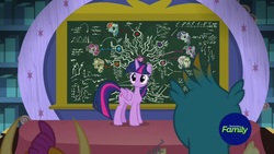 Size: 1920x1080 | Tagged: safe, screencap, gallus, smolder, twilight sparkle, alicorn, dragon, griffon, pony, g4, what lies beneath, chalkboard, diagram, discovery family, discovery family logo, logo, twilight sparkle (alicorn)