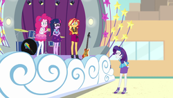 Size: 1920x1080 | Tagged: safe, screencap, pinkie pie, rarity, sci-twi, sunset shimmer, twilight sparkle, equestria girls, equestria girls specials, g4, my little pony equestria girls: better together, my little pony equestria girls: rollercoaster of friendship, angry, rarity peplum dress, stage