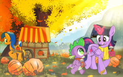 Size: 1360x847 | Tagged: safe, artist:dsana, spike, twilight sparkle, oc, alicorn, dragon, pony, g4, autumn, cart, clothes, female, glowing horn, horn, leaves, magic, male, mare, pumpkin, scarf, telekinesis, tree, twilight sparkle (alicorn), winged spike, wings