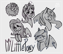 Size: 1000x860 | Tagged: safe, artist:mikenlos, fluttershy, princess luna, rainbow dash, starlight glimmer, oc, oc:fluffle puff, pony, g4, monochrome, sketch, sketch dump, title drop