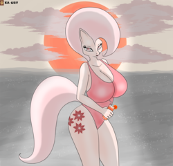 Size: 938x900 | Tagged: safe, oc, oc only, anthro, anthro oc, beach, big breasts, breasts, cleavage, clothes, cutie mark, drink, female, huge breasts, ocean, one-piece swimsuit, solo, sun, swimsuit