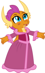 Size: 1500x2402 | Tagged: safe, artist:cloudy glow, smolder, dragon, g4, season 8, what lies beneath, beauty and the beast, belle, blushing, claws, clothes, cosplay, costume, cute, disney, dragon wings, dragoness, dress, fangs, female, open mouth, princess costume, princess smolder, simple background, smolderbetes, solo, transparent background, wings