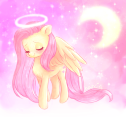 Size: 3052x2845 | Tagged: safe, artist:hancia, fluttershy, angel, pegasus, pony, g4, blushing, crescent moon, cute, eyes closed, female, fluttershy the angel, halo, high res, mare, moon, shyabetes, smiling, solo, spread wings, transparent moon, wings