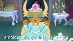 Size: 1280x720 | Tagged: safe, edit, edited screencap, screencap, smolder, dragon, g4, what lies beneath, clothes, cute, dress, eyes closed, eyeshadow, female, girly, gown, image macro, jewelry, lipstick, makeup, meme, nickelodeon, nightmare cave, princess outfit, princess smolder, puffy sleeves, smolder also dresses in style, smolderbetes, solo, tiara, wat