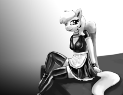 Size: 1650x1275 | Tagged: safe, artist:warskunk, oc, oc only, oc:cutting chipset, pegasus, anthro, anthro oc, breasts, clothes, cuffs, female, latex, looking at you, maid, monochrome, rule 63, simple background, sitting, socks, thigh highs