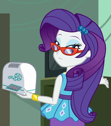Size: 633x720 | Tagged: safe, screencap, rarity, equestria girls, equestria girls series, g4, happily ever after party, cropped, female, glasses, glasses rarity, happily ever after party: rarity, looking at you, looking back, looking back at you, projector, rarity's glasses, solo