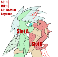 Size: 599x587 | Tagged: safe, artist:pegasko, pegasus, pony, unicorn, advertisement, auction, commission, female, hug, kissing, male, straight, your character here