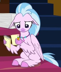 Size: 748x873 | Tagged: safe, screencap, silverstream, classical hippogriff, hippogriff, g4, what lies beneath, cropped, female, floppy ears, notepad, pencil, sitting, solo, worried