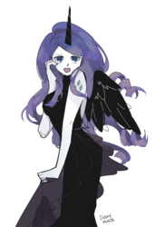 Size: 1139x1664 | Tagged: safe, artist:dusty-munji, rarity, equestria girls, g4, alternate universe, black dress, clothes, dress, female, looking at you, open mouth, open-back dress, simple background, solo, white background, witch