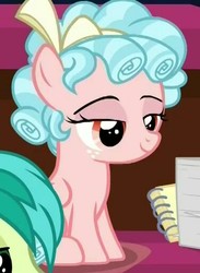 Size: 376x513 | Tagged: safe, screencap, cozy glow, sandbar, pegasus, pony, g4, what lies beneath, bow, cropped, female, filly, foal, hair bow, lidded eyes, pure concentrated unfiltered evil of the utmost potency, ringlets, solo focus