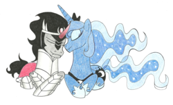 Size: 5696x3488 | Tagged: safe, artist:squeakynoodle, king sombra, princess luna, alicorn, pony, unicorn, g4, armor, armor skirt, crown, cute, eyes closed, eyeshadow, fangs, female, jewelry, lunabetes, lying down, makeup, male, mare, nuzzling, regalia, ship:lumbra, shipping, simple background, skirt, smiling, sombradorable, straight, traditional art, white background