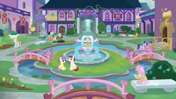 Size: 1920x1080 | Tagged: safe, screencap, berry blend, berry bliss, berry sweet, citrine spark, gallus, november rain, ocellus, sandbar, silverstream, smolder, strawberry scoop, sugar maple, summer meadow, yona, earth pony, pegasus, pony, unicorn, g4, what lies beneath, background pony, discovery family, discovery family logo, female, fountain, friendship student, garden, logo, male, mare, school of friendship, stallion, student six