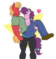 Size: 1074x1124 | Tagged: safe, artist:matchstickman, big macintosh, sugar belle, earth pony, unicorn, anthro, plantigrade anthro, g4, biceps, bridal carry, carrying, clothes, deltoids, eyes closed, female, femdom, great macintosh, heart, jeans, male, malesub, mare, muscles, pants, ship:sugarmac, shipping, shirt, shoes, simple background, stallion, straight, submissive, sugar barbell, thunder thighs, triceps, white background