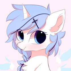 Size: 1500x1500 | Tagged: safe, artist:heddopen, oc, oc only, pony, unicorn, blushing, chest fluff, cross, ear fluff, female, hairpin, mare, solo