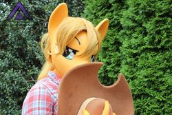 Size: 5184x3456 | Tagged: safe, artist:chainerprime, applejack, human, g4, bush, clothes, cosplay, costume, hat, irl, irl human, kigurumi, male, outdoors, photo, solo, trap