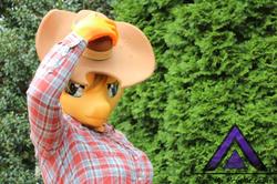 Size: 808x538 | Tagged: safe, artist:chainerprime, applejack, human, g4, animegao kigurumi, bush, clothes, cosplay, costume, hat, irl, irl human, kigurumi, male, outdoors, photo, solo, trap