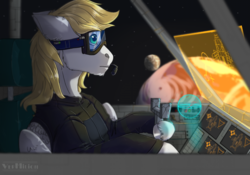 Size: 1200x838 | Tagged: safe, artist:marinavermilion, oc, oc only, oc:cutting chipset, pegasus, pony, clothes, cockpit, goggles, hologram, male, planet, screen, space, spaceship