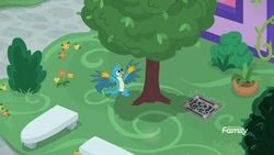 Size: 1920x1080 | Tagged: safe, screencap, gallus, griffon, g4, what lies beneath, discovery family, discovery family logo, galluree, logo, male, school of friendship, solo, spread wings, tree, wings