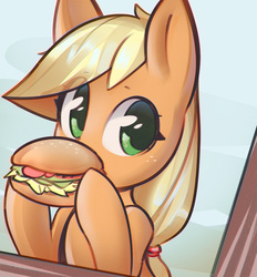 Size: 1104x1189 | Tagged: safe, artist:mirroredsea, applejack, earth pony, pony, g4, burger, cute, eating, eye clipping through hair, female, food, freckles, hay burger, jackabetes, looking at you, mare, missing accessory, nom, solo