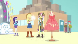 Size: 1920x1080 | Tagged: safe, screencap, applejack, candyberry, pearl pompadour, pilot pearl, rarity, vignette valencia, equestria girls, equestria girls specials, g4, my little pony equestria girls: better together, my little pony equestria girls: rollercoaster of friendship, background human, clothes, dress, geode of shielding, magical geodes, rarity peplum dress